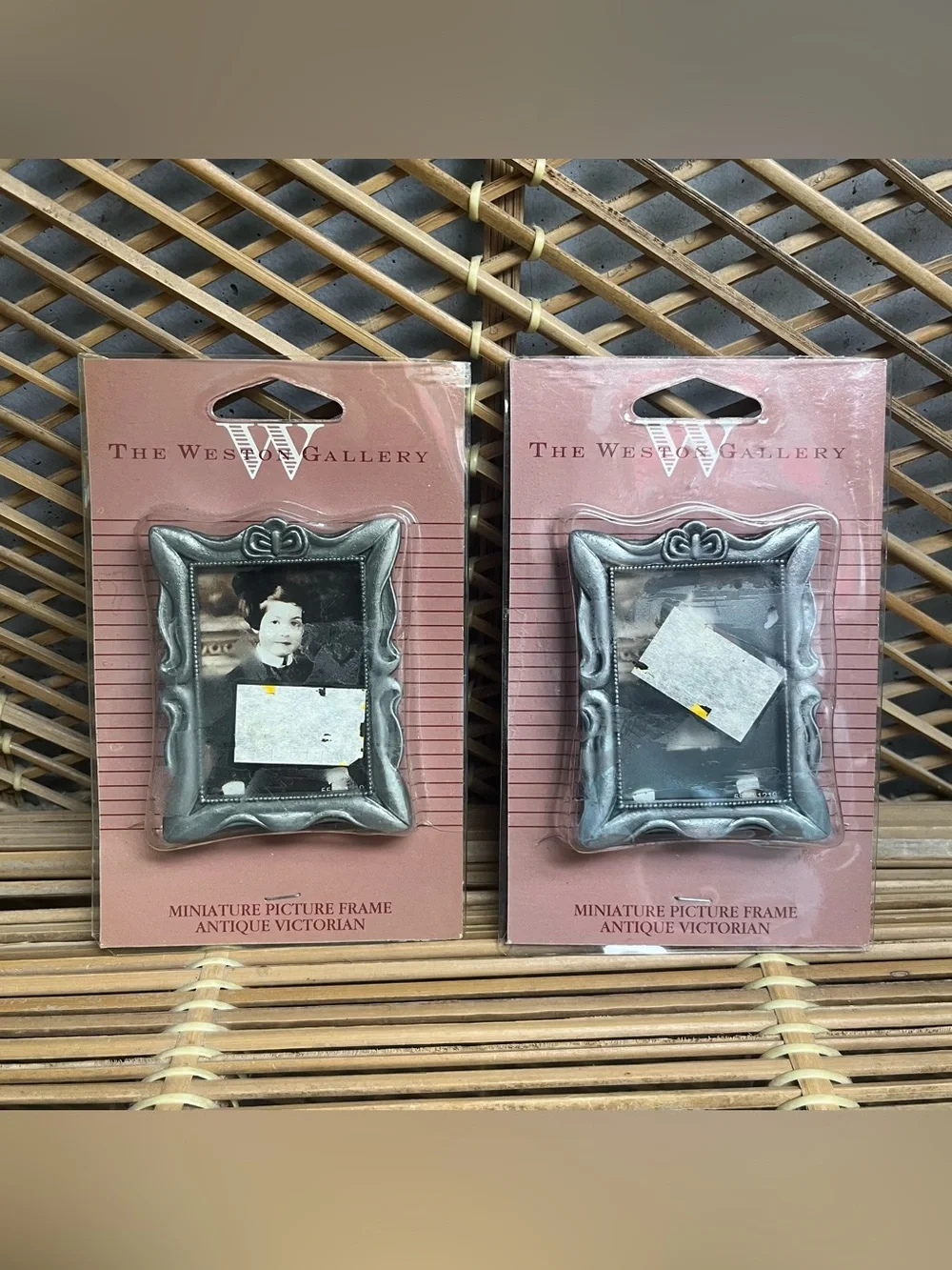 Victorian Ornate Miniature Pewter Style Picture Frame Pair Easel Back Vanity New